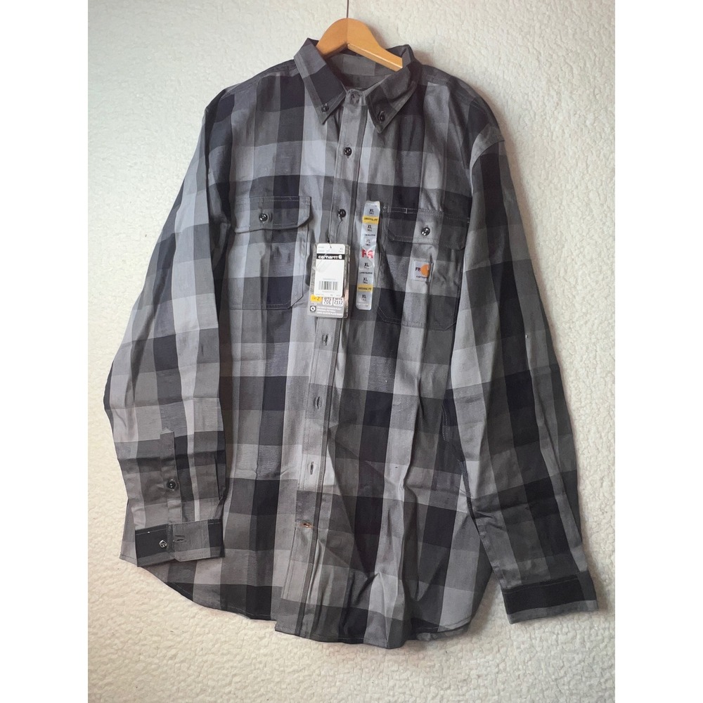 Carhartt FR Force Rugged Flex Plaid Shirt Mens XL Tall Grey Black 104507 STL CAT